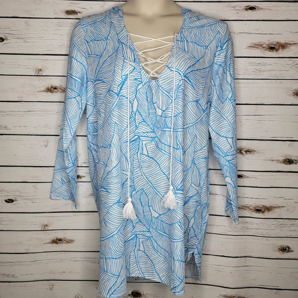 Charlie Holiday Beach Cover Up Swimsuit Cover Tunic Blue White Large NWOT